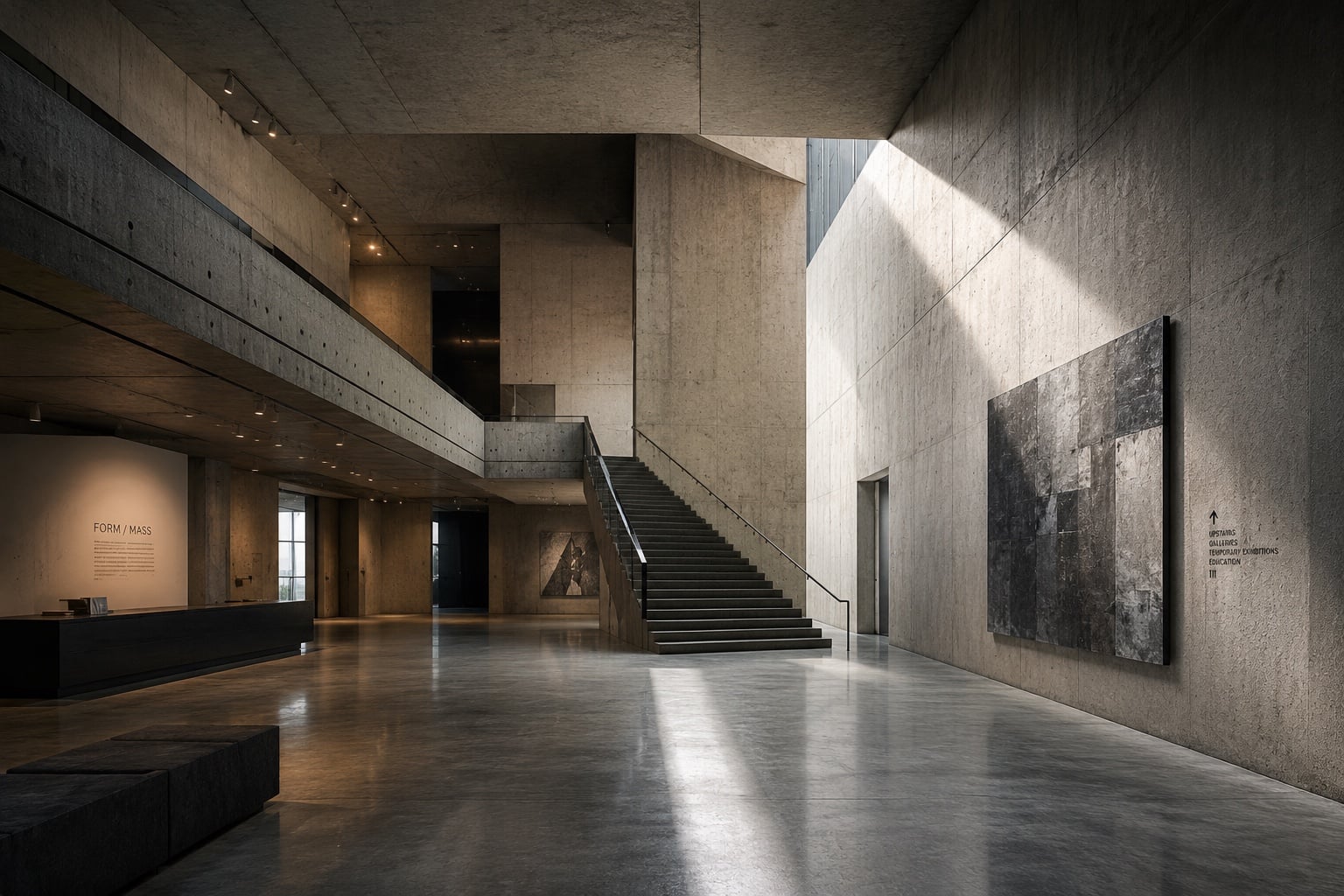 Board-formed concrete museum atrium with a raking shaft of daylight and a monumental staircase.