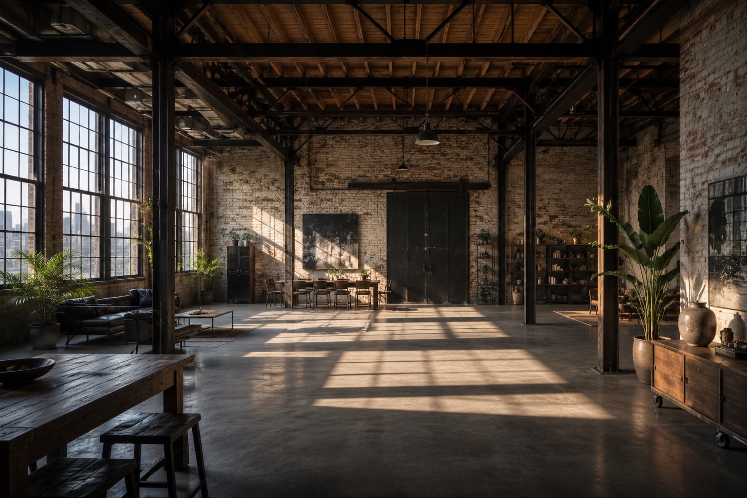 High-ceilinged brick warehouse with steel columns and hard shafts of window light across a concrete floor.
