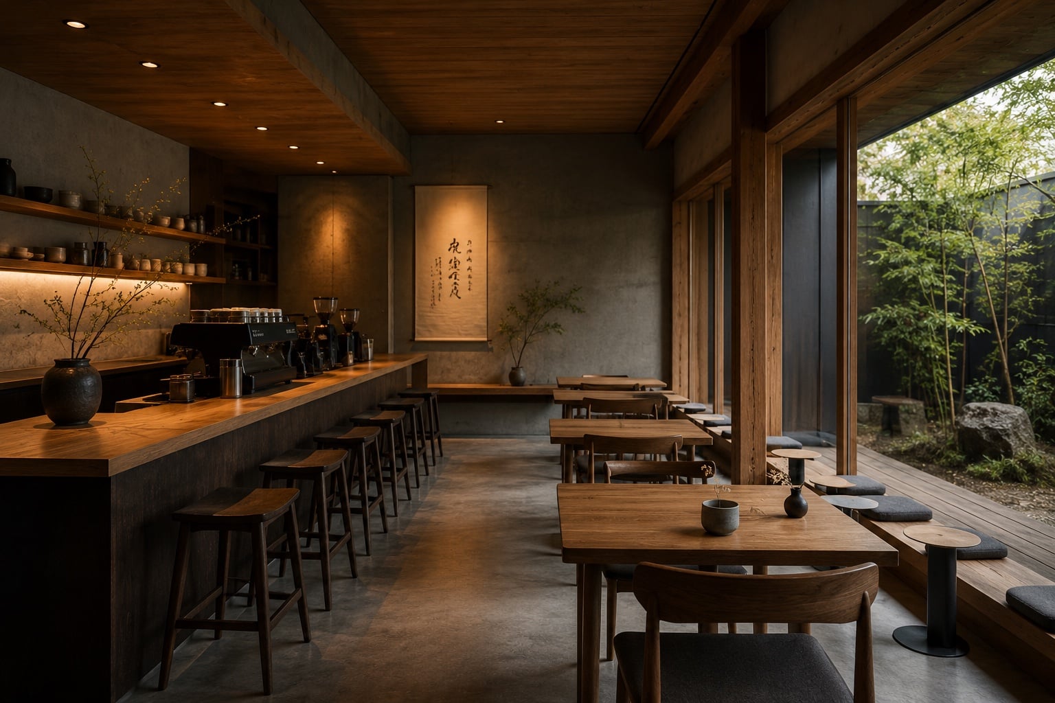 Minimalist Japanese café with a long timber counter, a hanging calligraphy scroll, and a garden view.