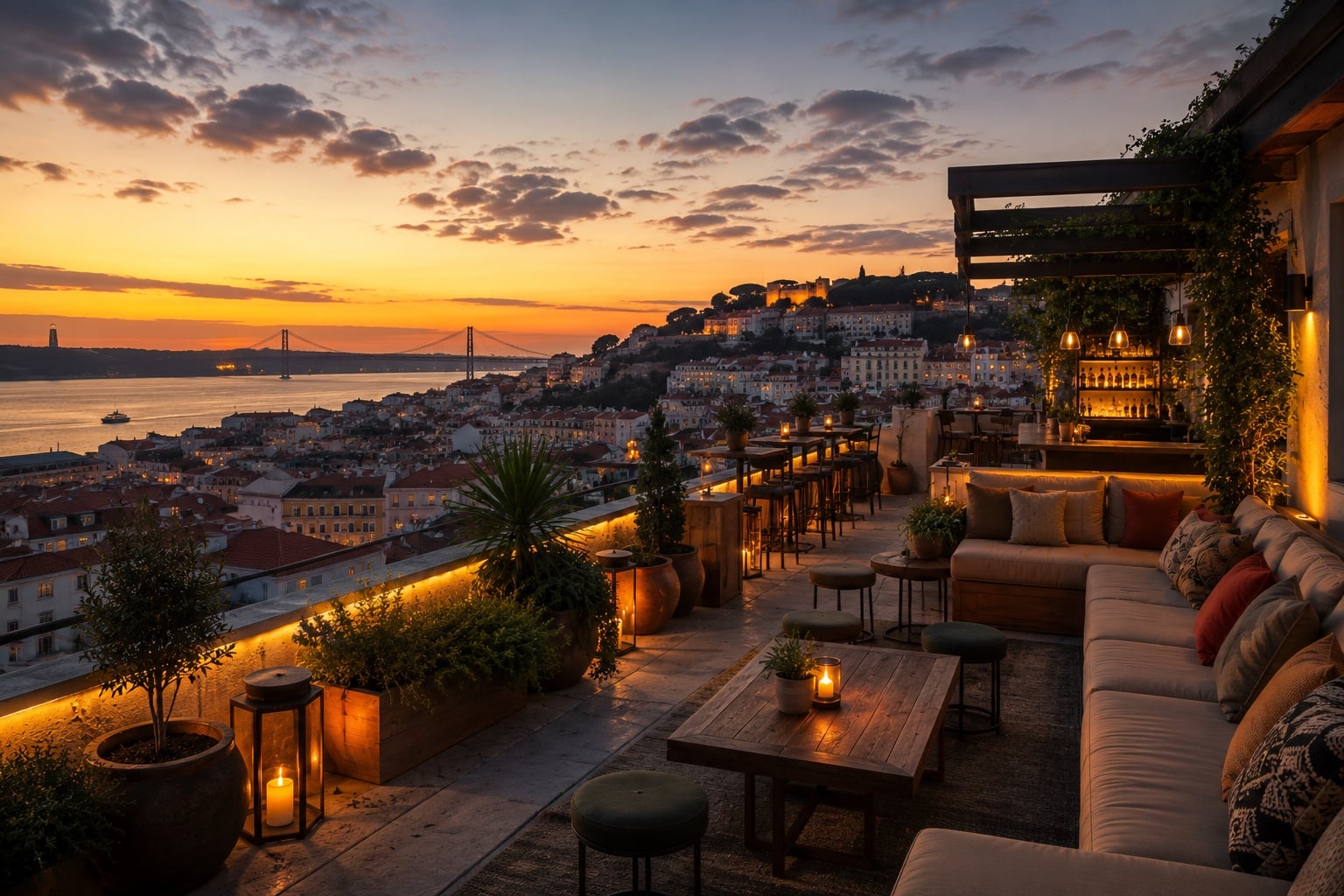 Candlelit rooftop terrace with lounge seating overlooking a hillside city and river at sunset.