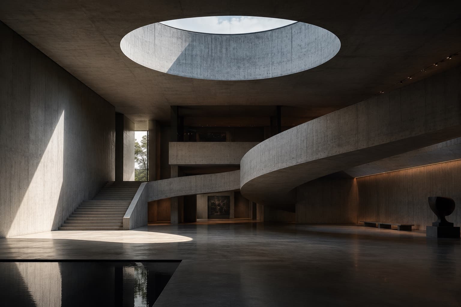 A quiet concrete museum hall under a round skylight, with a curving ramp and a monumental stair.